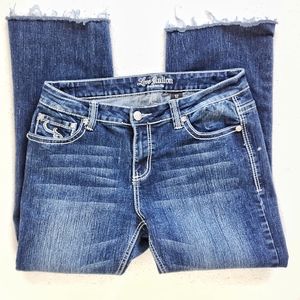 Love Nation Premium Jeans 12 Straight Leg Frayed Hem Cotton Stretch Back Flaps